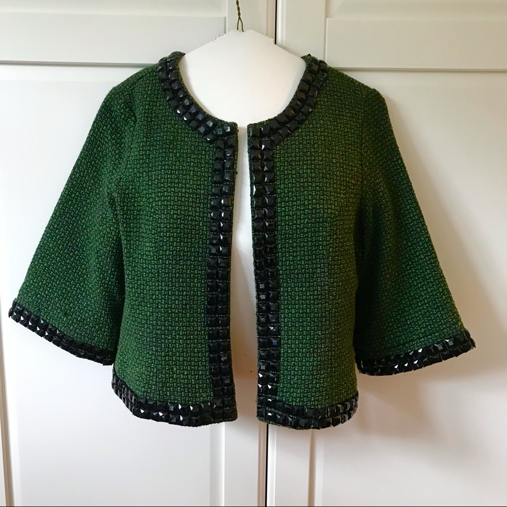 🌟 Green Tweed Jacket with Black Beaded Trim